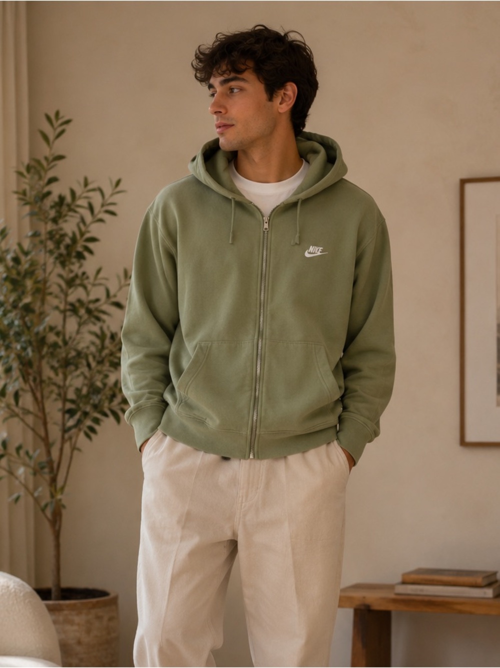 Nike Men's Olive Green Full Zip Hoodie Size Medium - Minimalist Streetwear